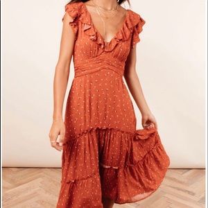 Rust ruffle midi dress